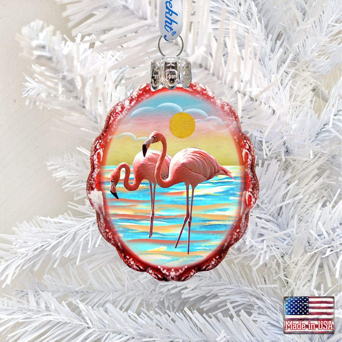 Flamingo at Sunset Mercury Glass Ornament  Coastal Holiday Decor