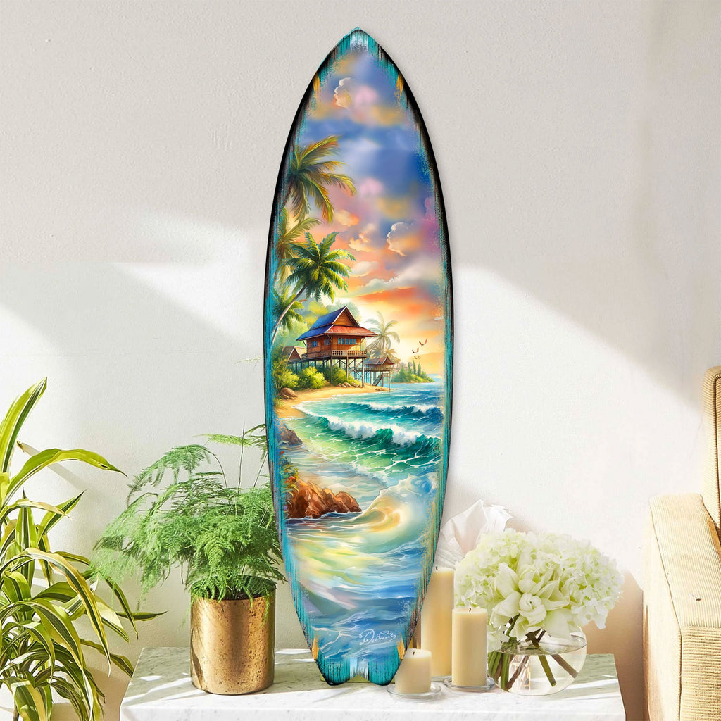 Tropical Beach House Surfboard Wall Art Handcrafted Coastal Decor - Surfboard Wall Decor for Beach House & Nautical Interiors - 8490142HS