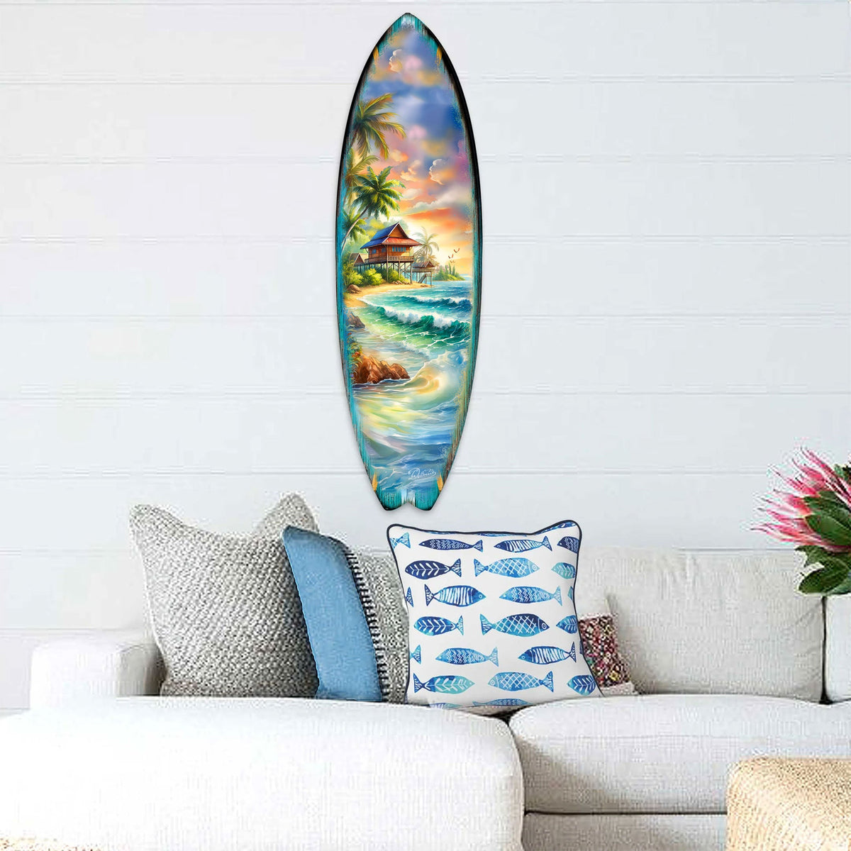 Tropical Beach House Surfboard Wall Art Handcrafted Coastal Decor - Surfboard Wall Decor for Beach House & Nautical Interiors - 8490142HS