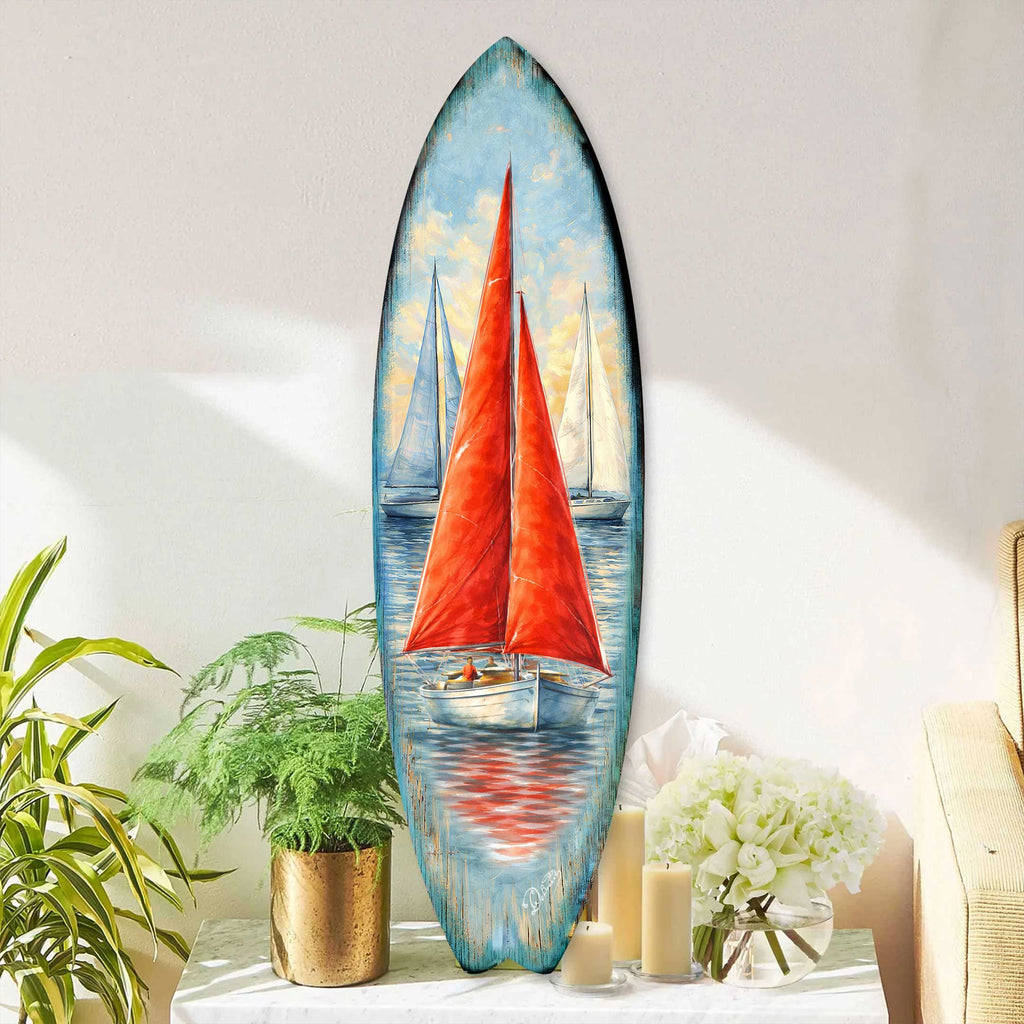 Red Sailboat Surfboard Wall Art – Coastal Nautical Boat Decor - Handcrafted Coastal Wooden Decor – 8490172HS