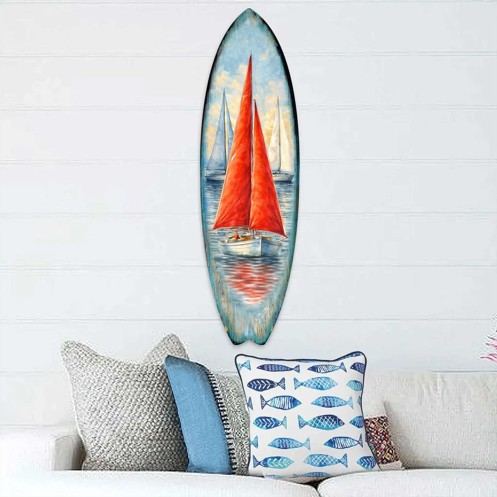 Red Sailboat Surfboard Wall Art – Coastal Nautical Boat Decor - Handcrafted Coastal Wooden Decor – 8490172HS