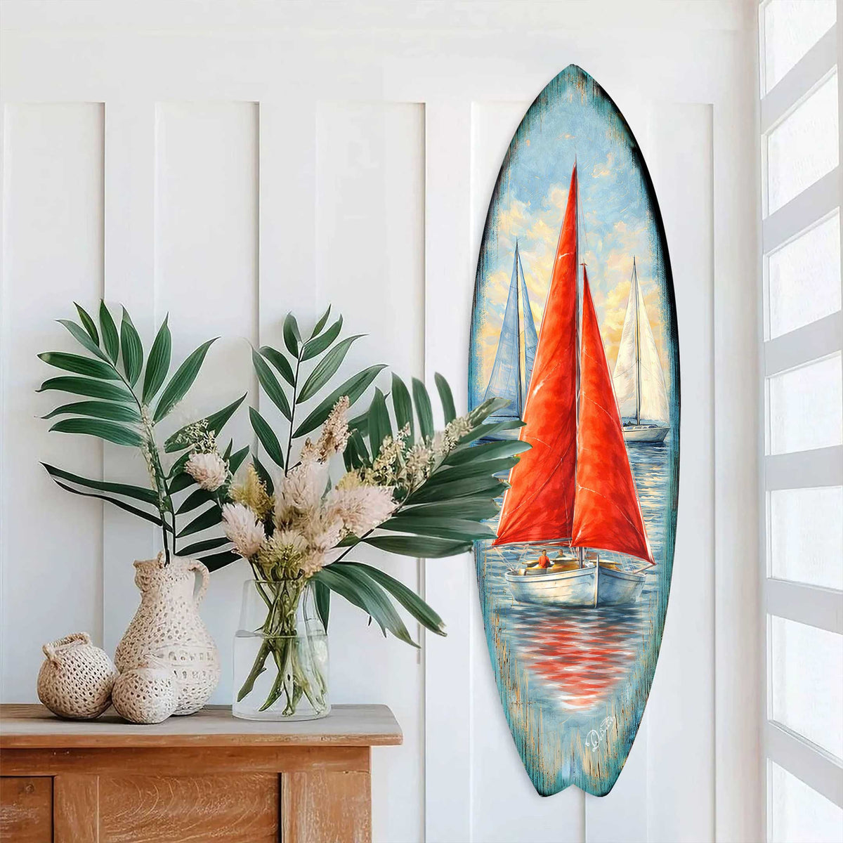 Red Sailboat Surfboard Wall Art – Coastal Nautical Boat Decor - Handcrafted Coastal Wooden Decor – 8490172HS