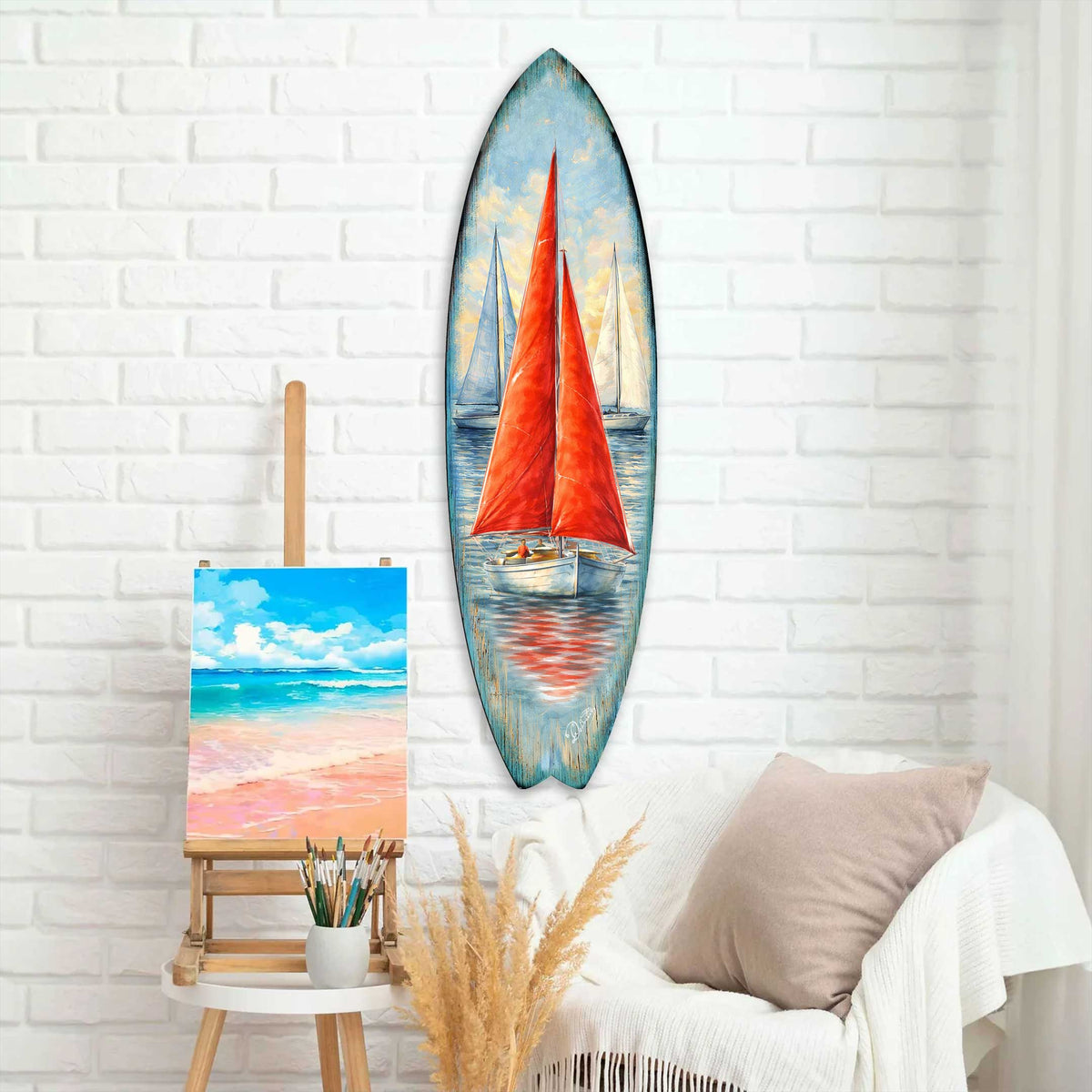 Red Sailboat Surfboard Wall Art – Coastal Nautical Boat Decor - Handcrafted Coastal Wooden Decor – 8490172HS