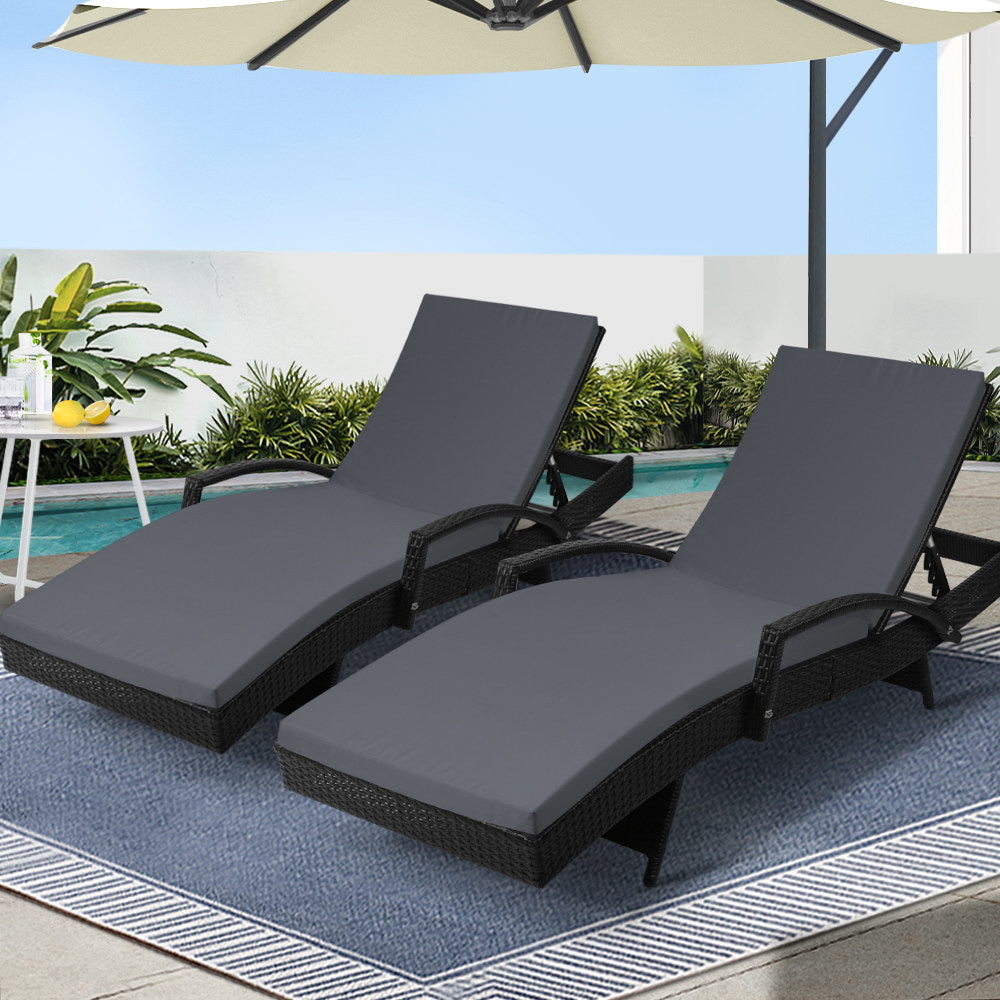 Gardeon 2PC Sun Lounge Wicker Lounger Outdoor Furniture Beach Chair Patio Adjustable Cushion Black-0