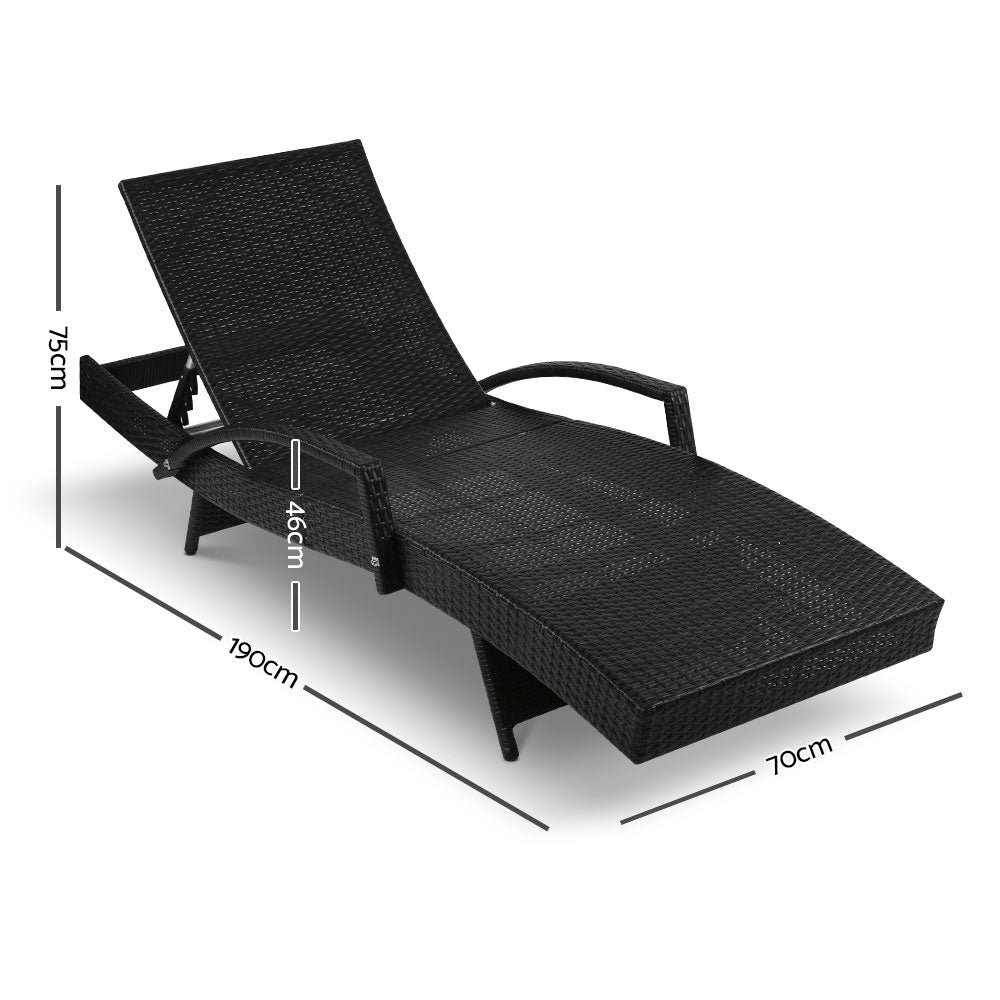 Gardeon 2PC Sun Lounge Wicker Lounger Outdoor Furniture Beach Chair Patio Adjustable Cushion Black-1