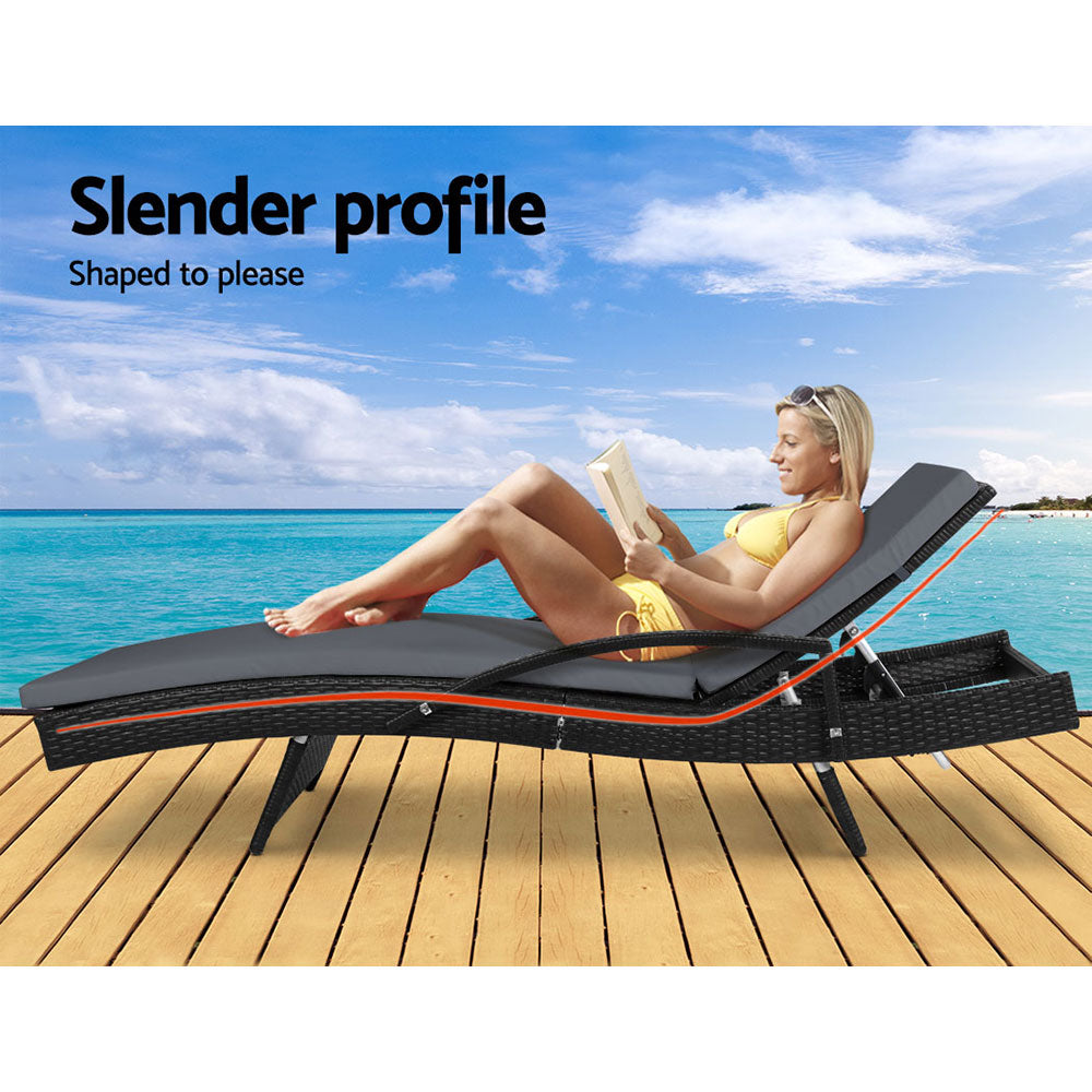 Gardeon 2PC Sun Lounge Wicker Lounger Outdoor Furniture Beach Chair Patio Adjustable Cushion Black-2