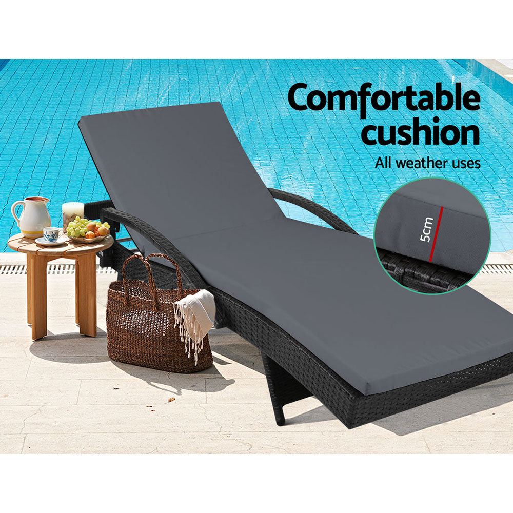 Gardeon 2PC Sun Lounge Wicker Lounger Outdoor Furniture Beach Chair Patio Adjustable Cushion Black-3