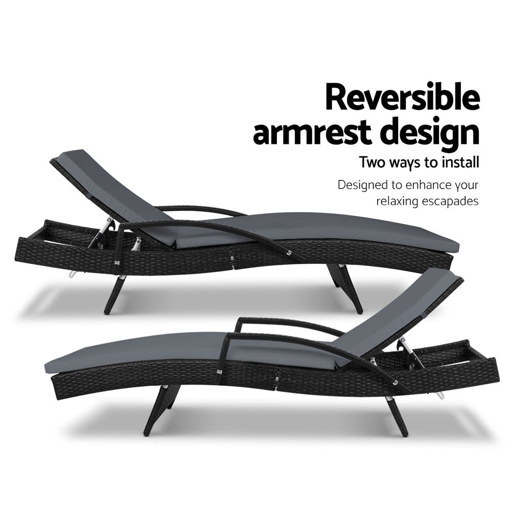 Gardeon 2PC Sun Lounge Wicker Lounger Outdoor Furniture Beach Chair Patio Adjustable Cushion Black-4