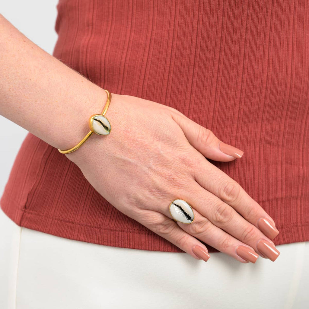 Cowrie Shell Recycled Brass Adjustable Bangle-0