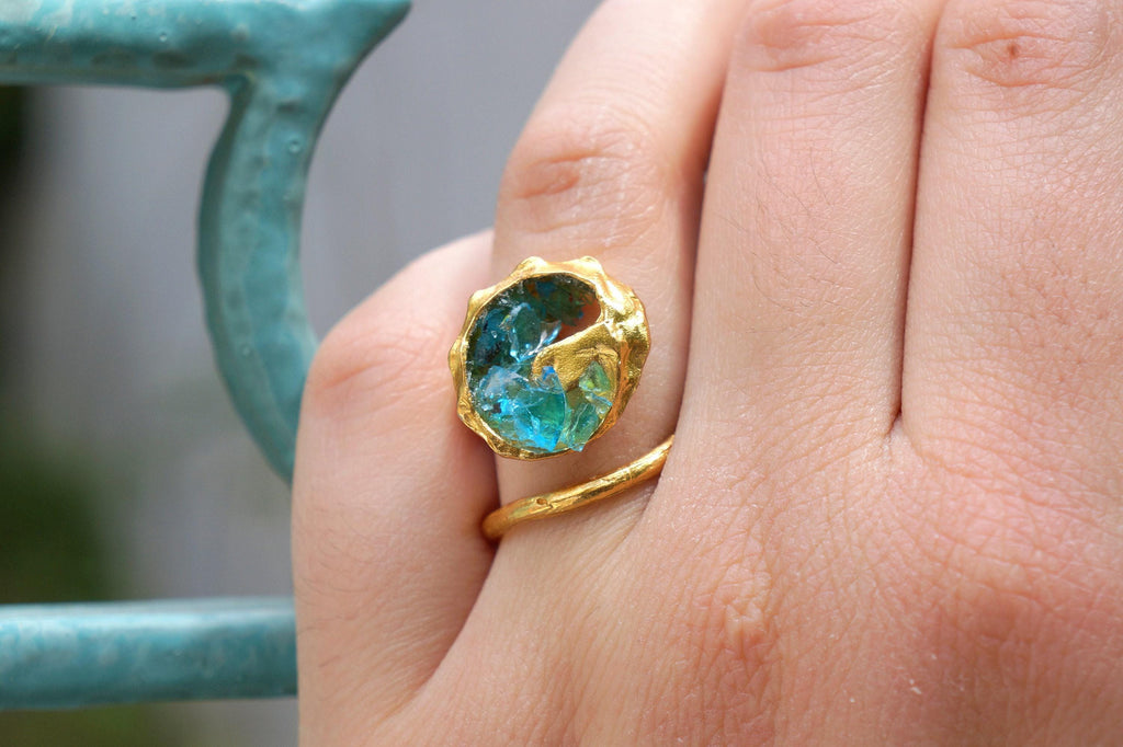 Gold Sea Shell Ring with Murano Glass, Handmade Nature Jewelry, Statement Beach Band, Gift for Life Force & Freedom, Sterling Silver 925-0