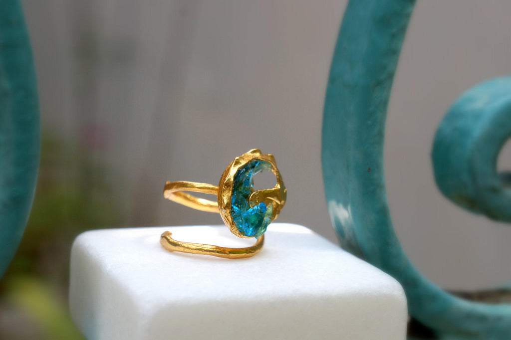 Gold Sea Shell Ring with Murano Glass, Handmade Nature Jewelry, Statement Beach Band, Gift for Life Force & Freedom, Sterling Silver 925-4