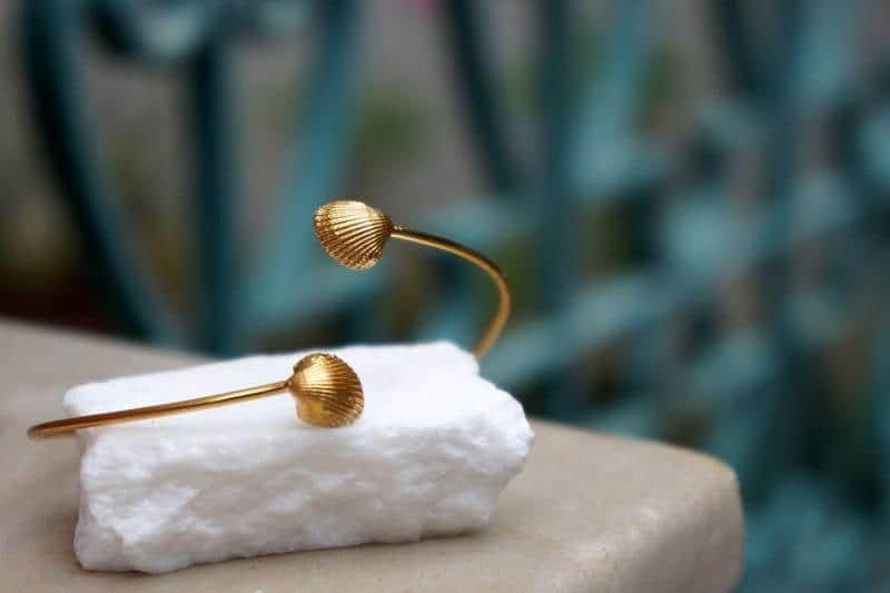 Gold Sea Shell Bracelet, Handmade Nature Jewelry, Real Ocean Cuff, Gift for Luck & Vitality, Eco Sustainable Sterling Silver 925-1