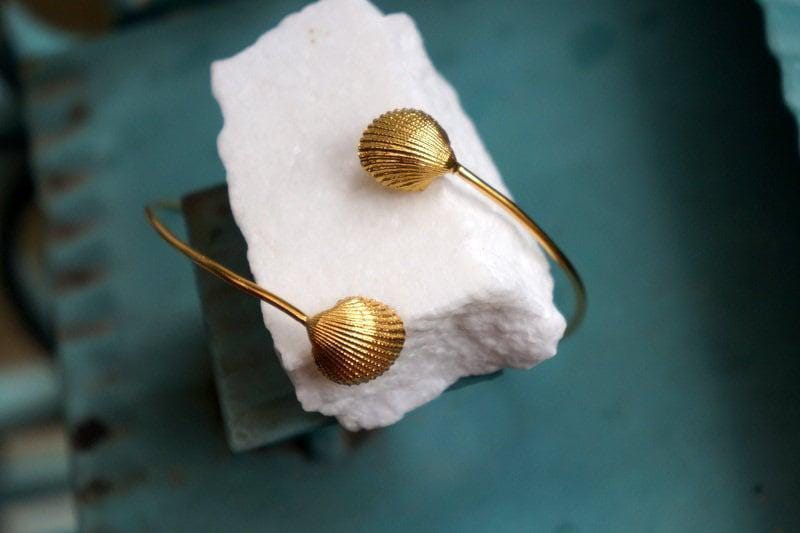 Gold Sea Shell Bracelet, Handmade Nature Jewelry, Real Ocean Cuff, Gift for Luck & Vitality, Eco Sustainable Sterling Silver 925-0